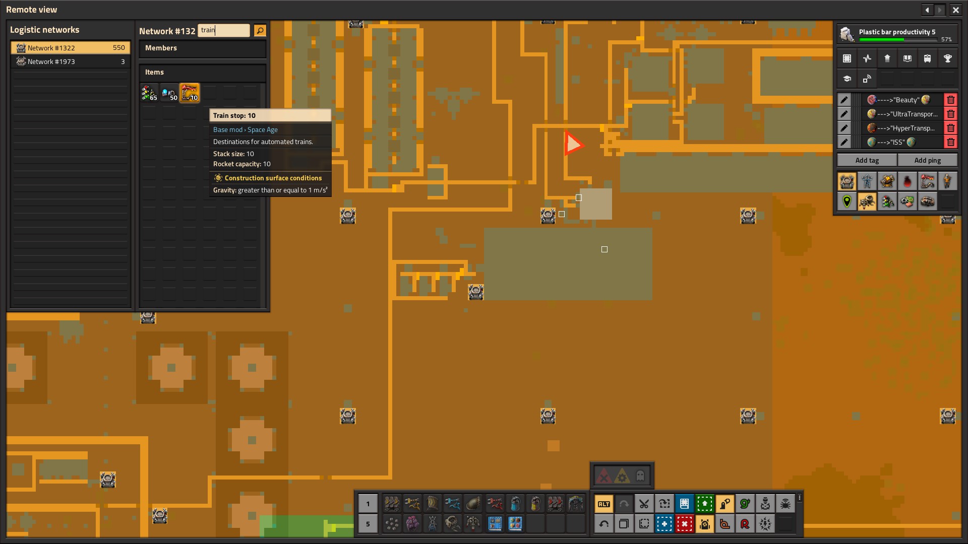 The first Screenshot Shows that 10 &quot;Train Stations&quot; are in the Network. The Roboport Reads &quot;Read logistic Network Contents&quot;.