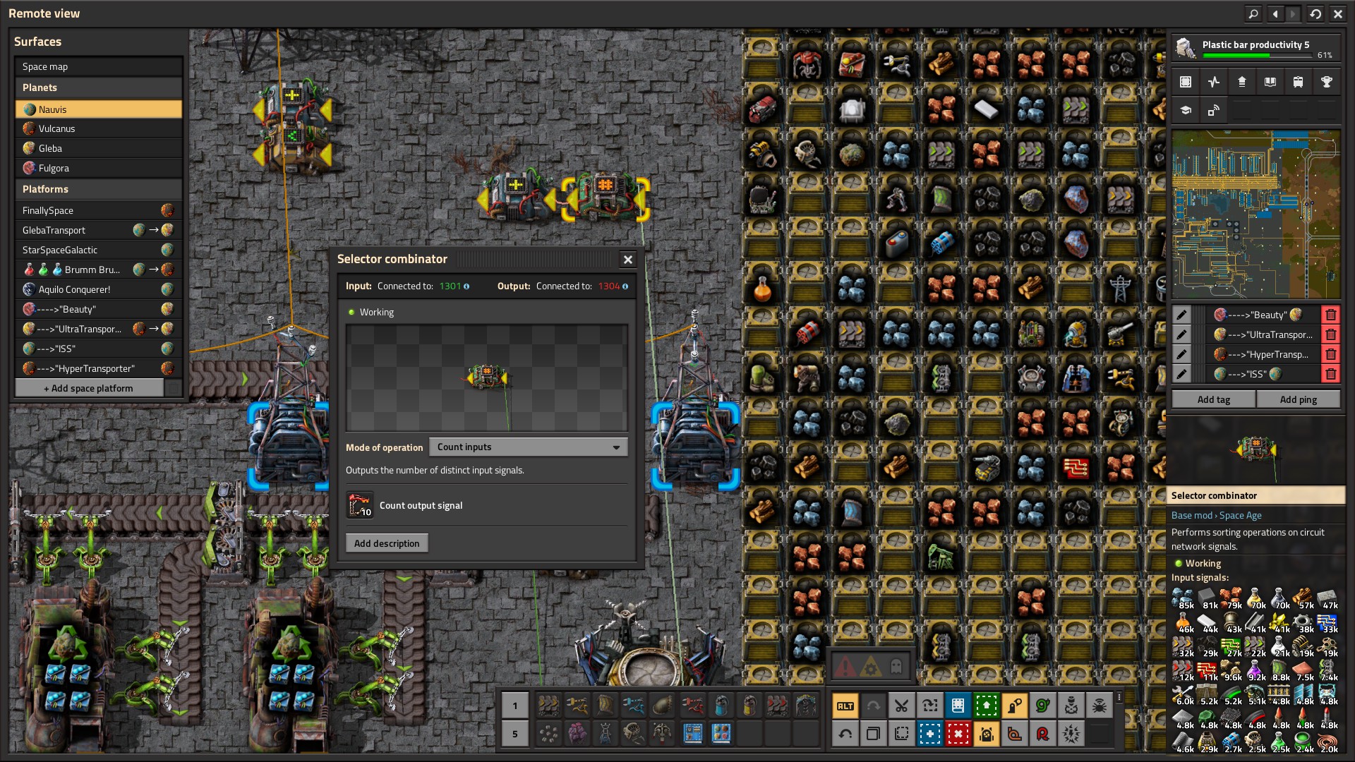 The Selector Combinator is Set to &quot;Count Input Signal&quot; and is connected via a Green wire to the Roboport. At this Point it Counts correctly the 10 &quot;Train Station&quot; which are in my Network.