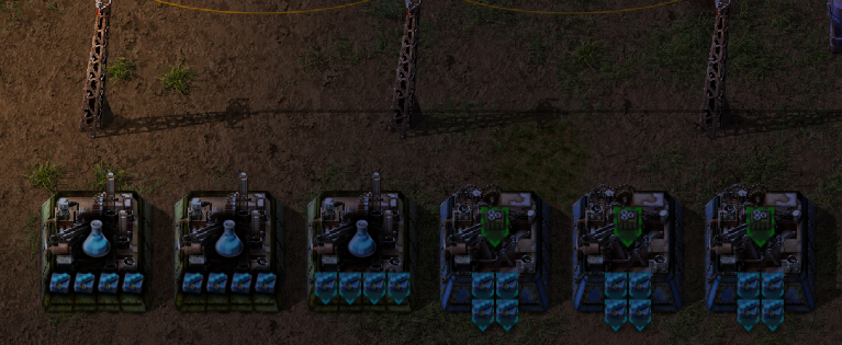An attempt to recreate the issue in a sandbox game. On the left are assembling machines 3s, which display correctly. On the right are assembling machine 2s which are in the process of being upgraded to assembling machine 3s. These display incorrectly. No custom scenario (other than sandbox) or mods. (including space age, quality and elevated rails)