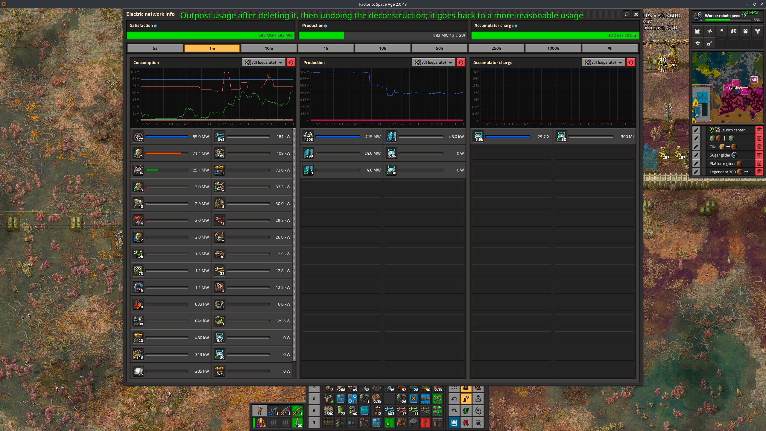 After deconstructing, waiting for the bots to do their jobs, then undoing the deconstruction, power consumption goes back to something reasonable