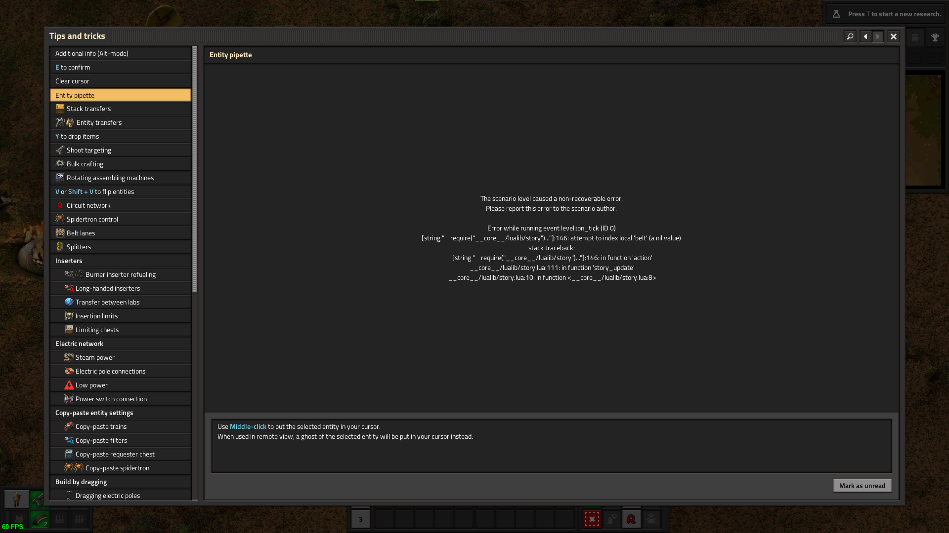 Screenshot of the tips and tricks scenario crash error message.