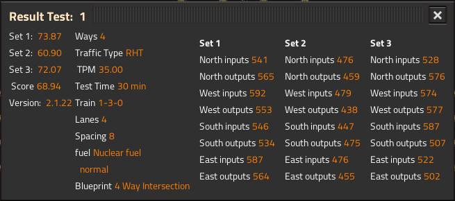 Test results with settings to match my current save (1-3-0 Train)