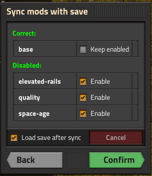 Sync mods with save box with base unchecked