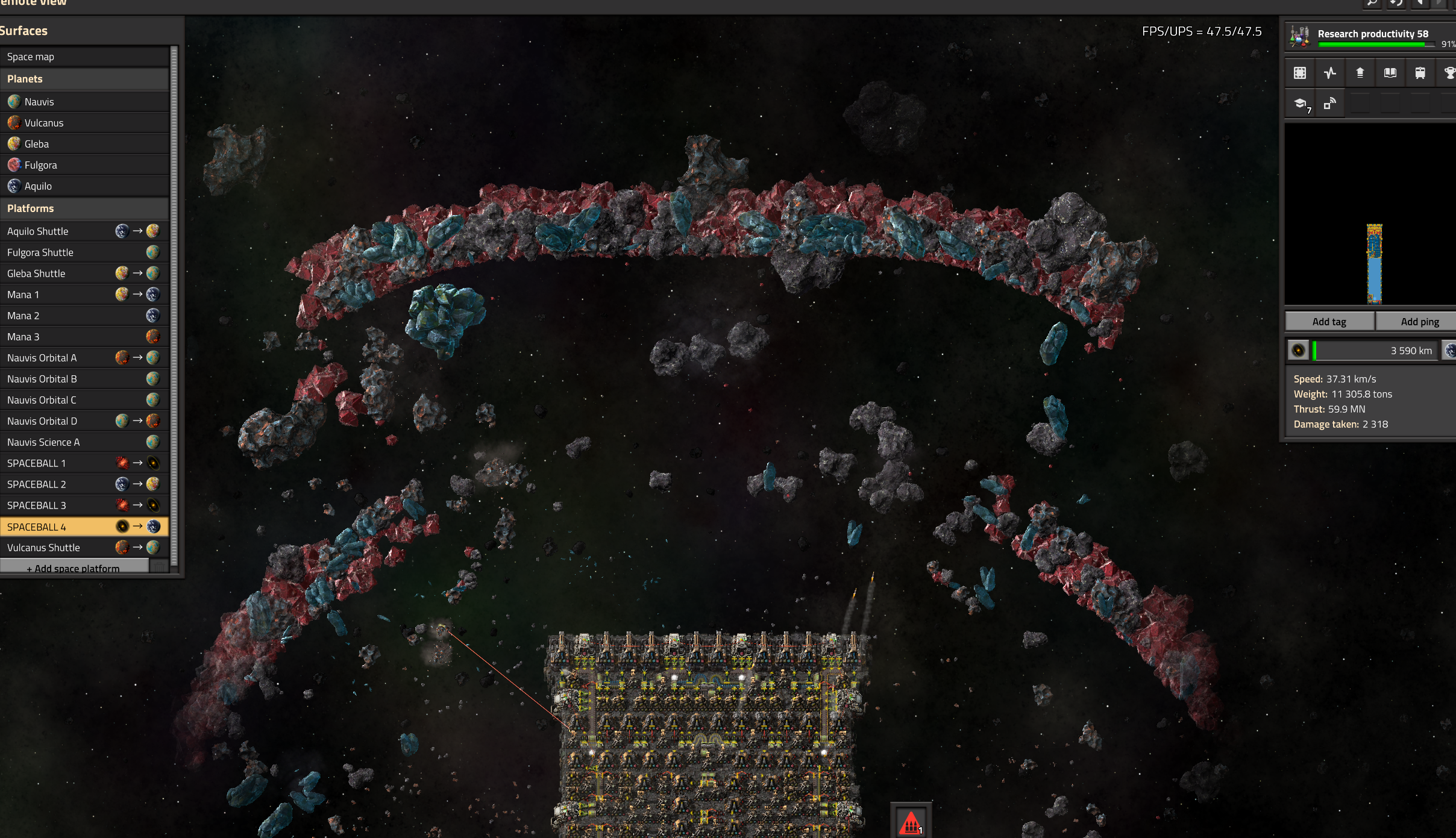 Screenshot of astroid build-up above ship.