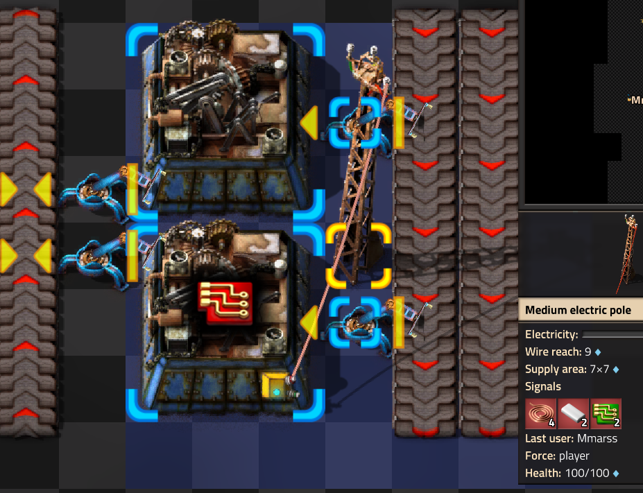 Image of advanced circuit assembler sending recipe ingredients to a power pole