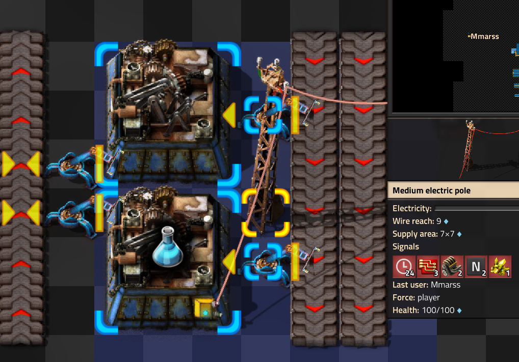 Image of chemical science assembler sending recipe ingredients to a power pole, with additional 'time' signal set to 24 (seconds) and 'N' signal set to 2 (products per craft)