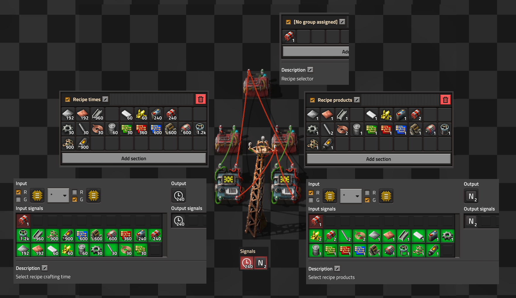 Image showing a circuit network calculating the recipe crafting time (in ticks) and recipe products of explosives. The solution involves manually programming the data for all recipes into a pair of constant combinators.
