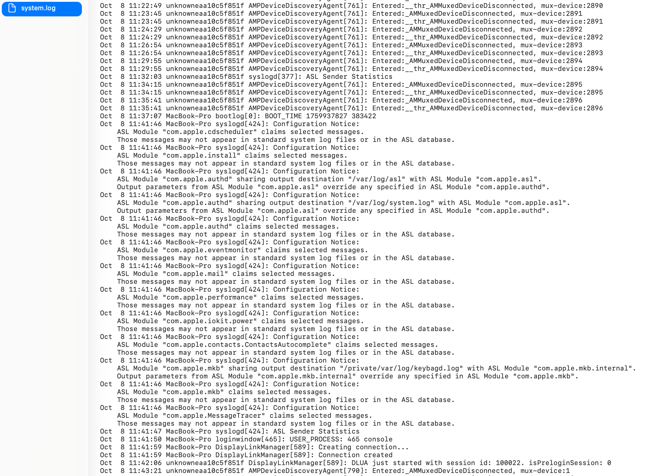 screenshot of system.log file spanning crash