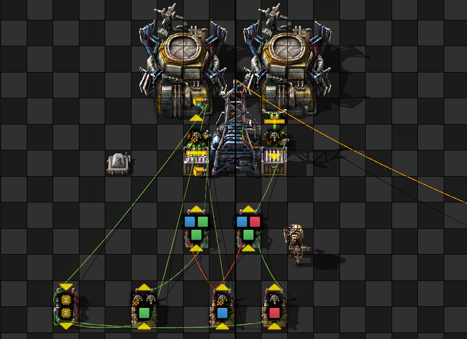 The Overall Circuit<br />This would check if the Target quality are not = to or greater than the old bot quality<br />And also only let the inserters add when there is enough bots of the new to add to the network<br />And also looks at if old bot are greater than 0(which also controls the removal inserter's enable signal