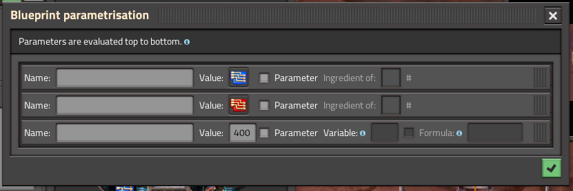 Starting blueprint parameters with items not yet parameterised