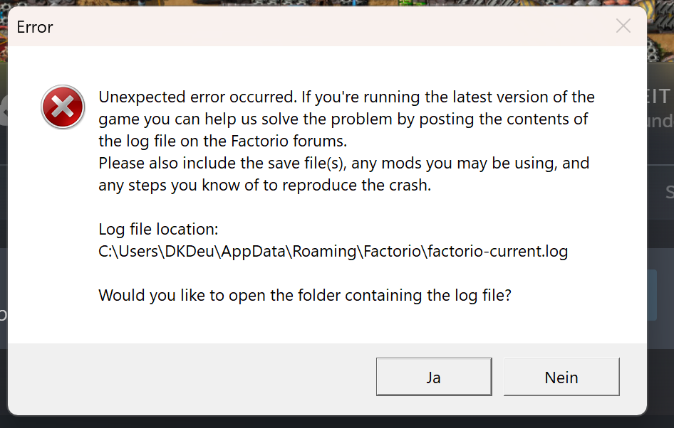 Picture of error message