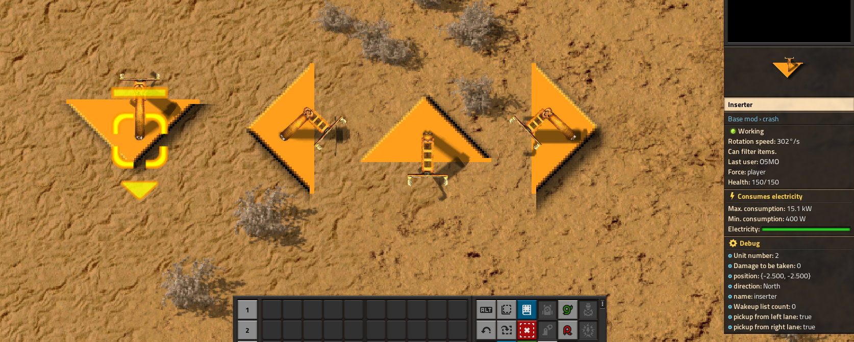 Inserters from left to right facing: north, east, south, west