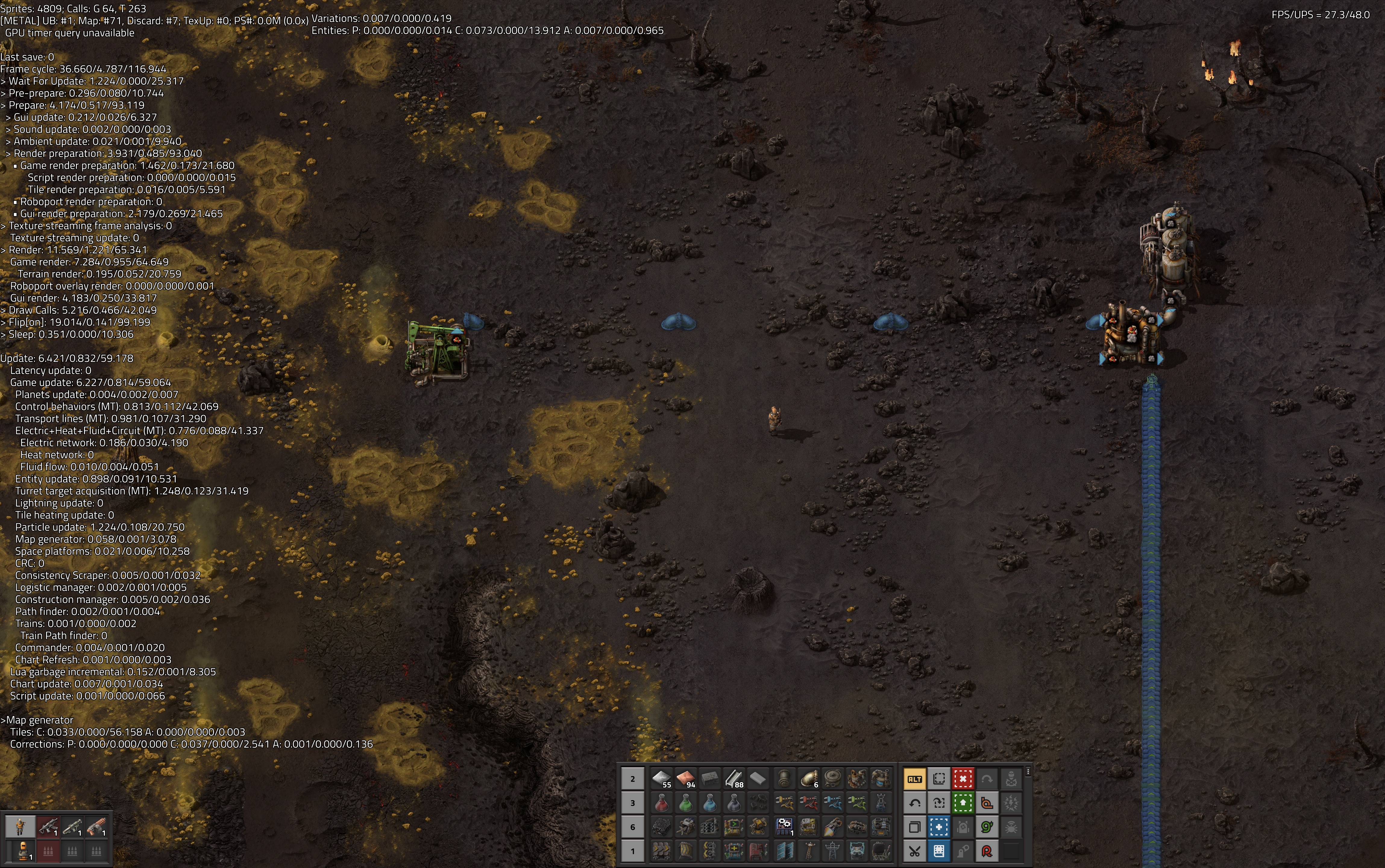 Screenshot during a lag episode. Noteworthy that lag (FPS) rapidly subsided (climbed back up to 60.0) when I zoomed back out completely.