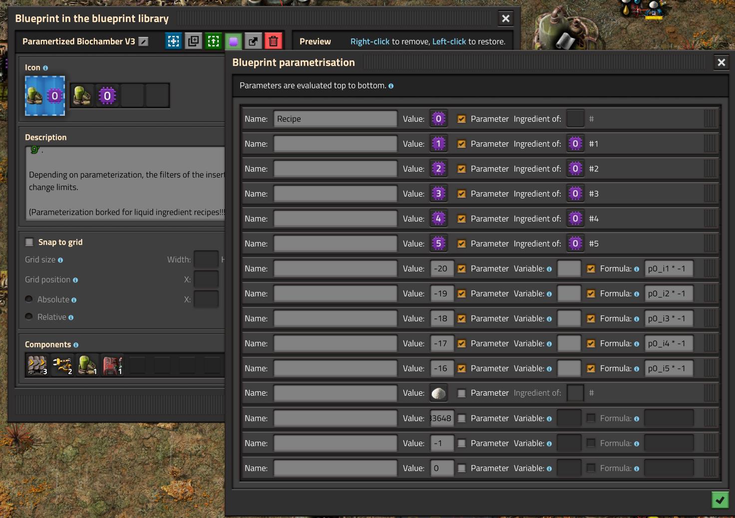 The parameterization for the first blueprint. By all accounts, the fluid ingredient for rocket fuel jelly nut should have clocked to -30.