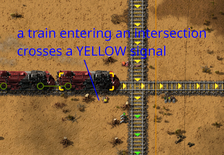 train entering, crossing yellow signal