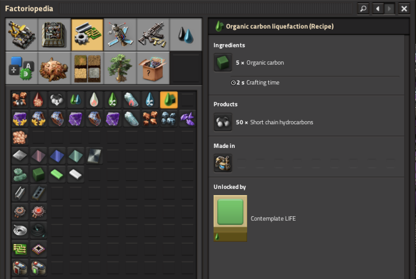 In-game factoriopedia of recipe