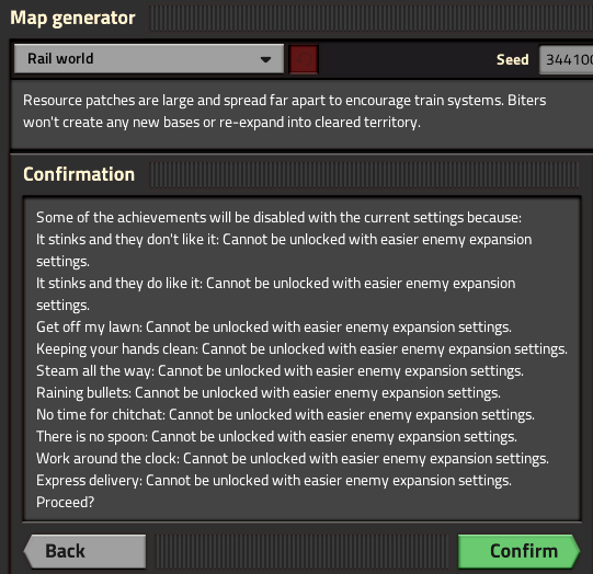 Confirmation Dialogue when trying to create a world on default Rail World settings, showing which achievements would be disabled, due to easier enemy expansion settings.<br />Ribbon World disables achievements similarly, but due to larger starting area instead.