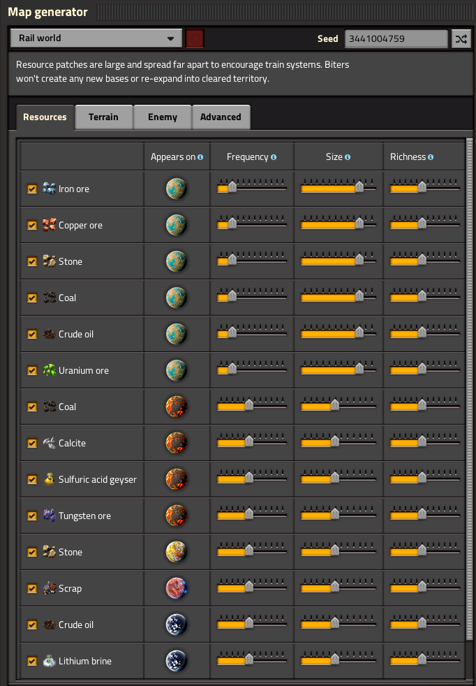 "Rail world" preset, Resource tab, only Nauvis' resource settings are changed from their defaults (Frequency and Size).