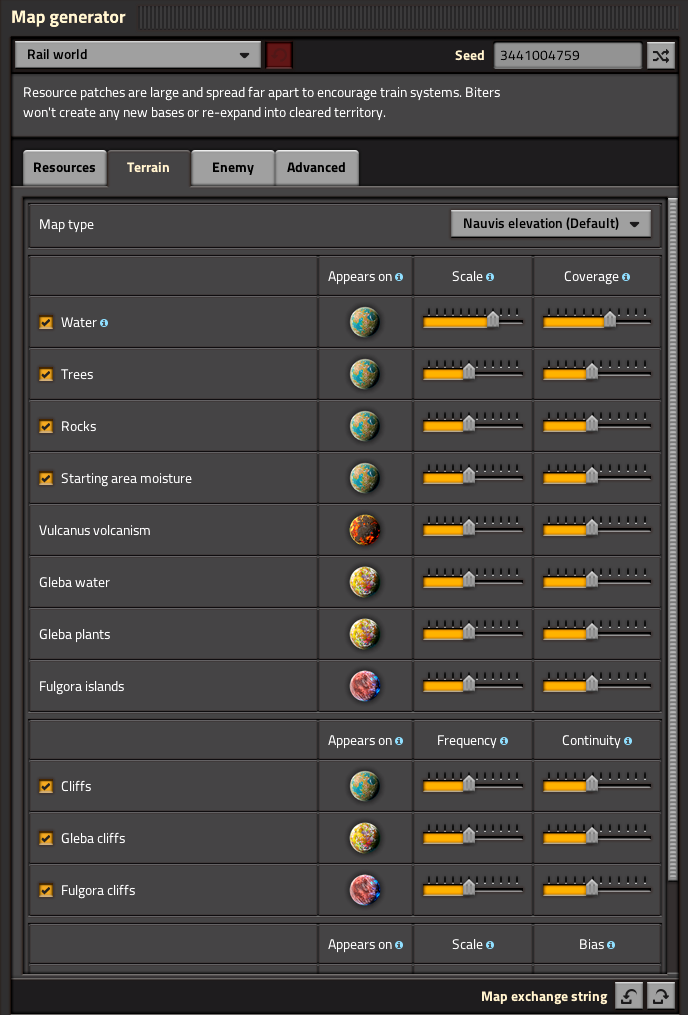 "Rail world" preset, Terrain tab, only Nauvis' Water settings are changed from their defaults.