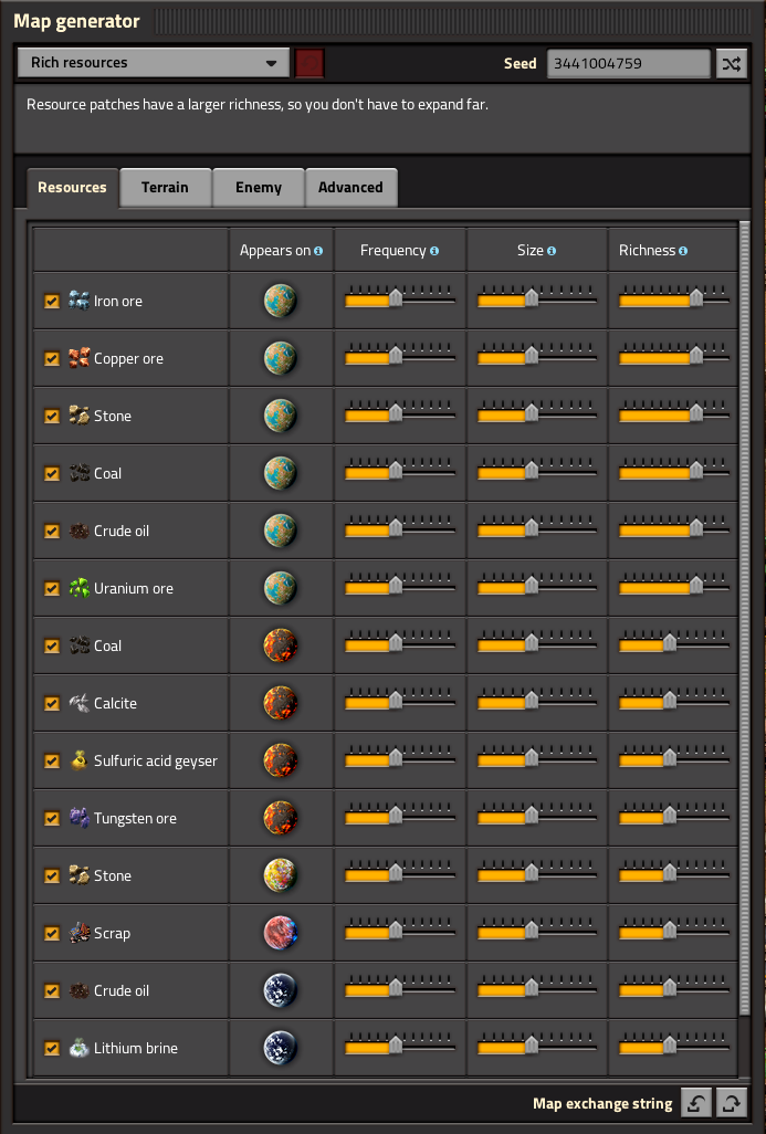 "Rich resources" preset, Resource tab, only Nauvis' resource settings are changed from their defaults (Richness).