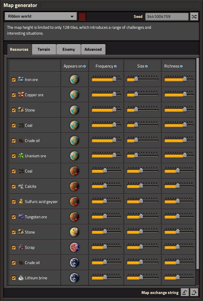 "Ribbon world" preset, Resource tab, only Nauvis' resource settings are changed from their defaults (Frequency, Size, and Richness).