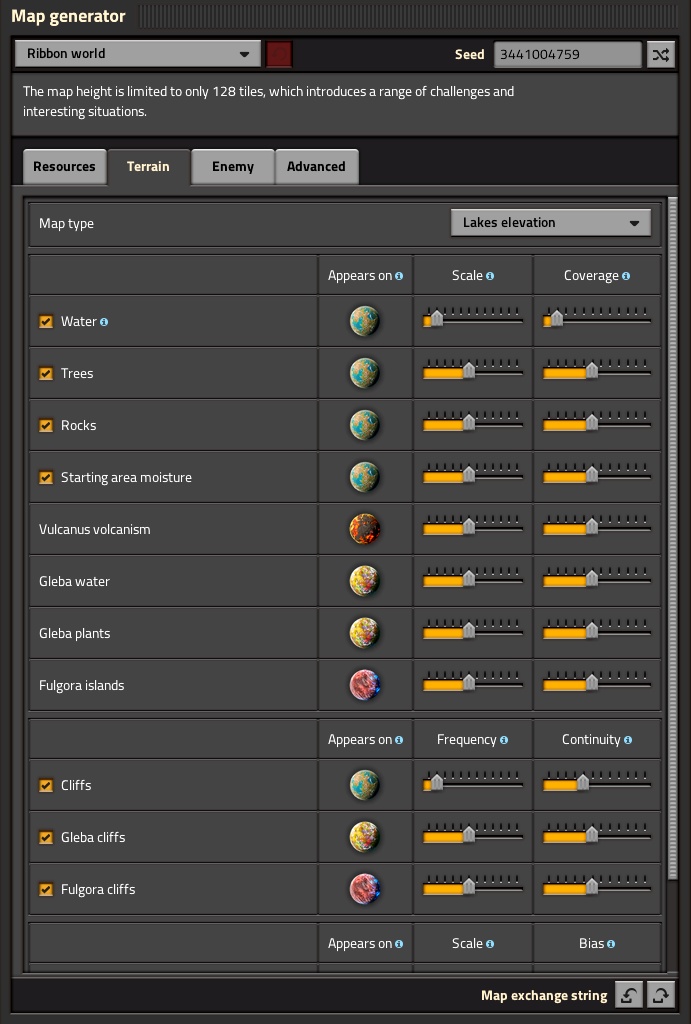 "Ribbon world" preset, Terrain tab, only Nauvis' Water and Cliff settings are changed from their defaults.