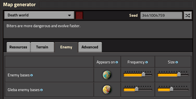 "Death world" preset, Enemy tab, only Nauvis' Enemy Base settings are changed from their defaults. "Death world marathon" (not included in an image) has the same issue.