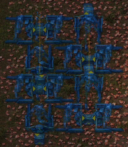 an in‐game screenshot in Alt‐mode, showing a build where flipped electric mining drills drop items on different sides of the belts, as indicated by the Alt‐mode insertion arrows becoming smaller and moving to the side on which the items are put.