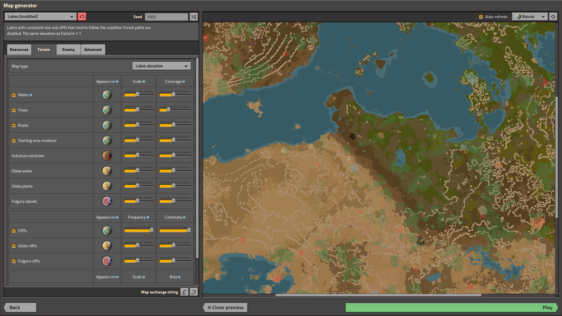 Lakes preset, Nauvis cliffs set to max values