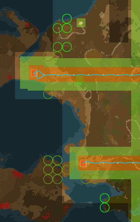 Nauvis isolated rocket complex. Note the spawning locations bypass the turrets. This is desired.
