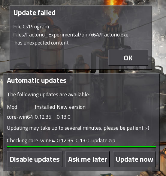 error message when trying to update from 0.12.35 to 0.13.0