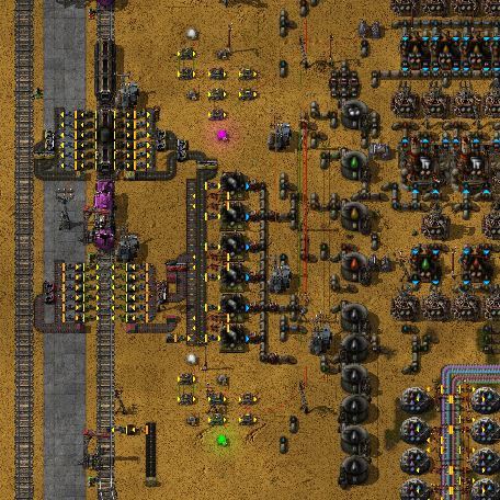Barrel processing station and refinery logic.  The pumps might be unnecessary.  I had about 200 pumpjacks supplying the refinery, each surrounded by beacons with speed mods.  3 trains are in the stacker to pick up filled barrels from each oil field in front train and deliver empty barrels in the rear train.