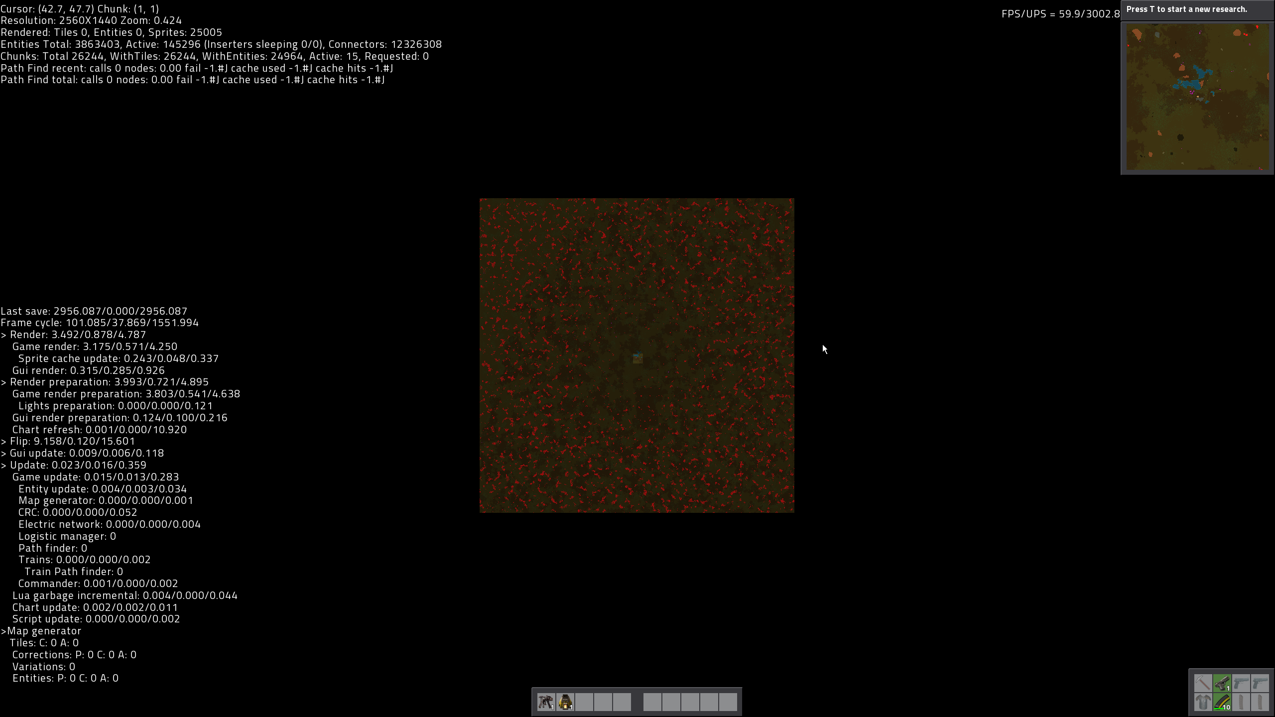 0.12.35 - 26,244 chunks - 3,800,000 entities, this was made with RSO mod and modified RSO config to make insane amount of resources, one tile of ore 500,000