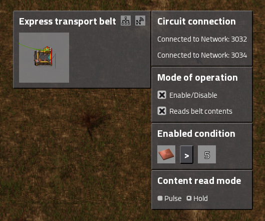 Configuration of the upper left transport belt. The lower left belt is simply &quot;read belt contents (hold)&quot;.