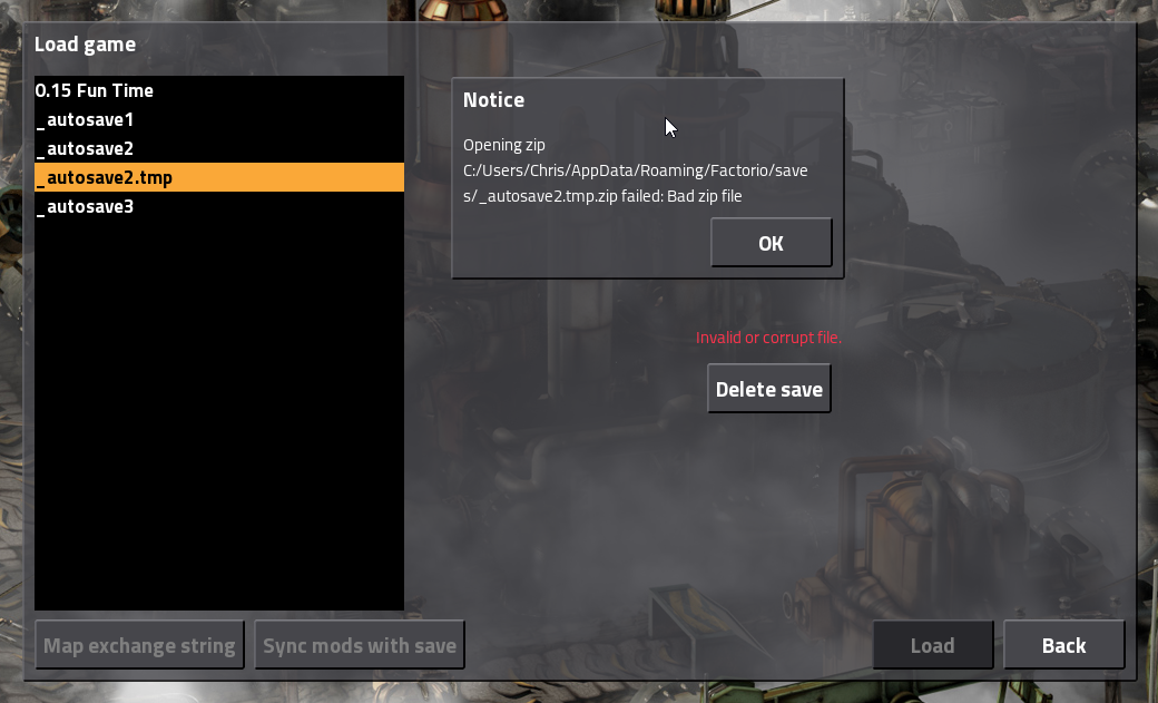 Screenshot of error message