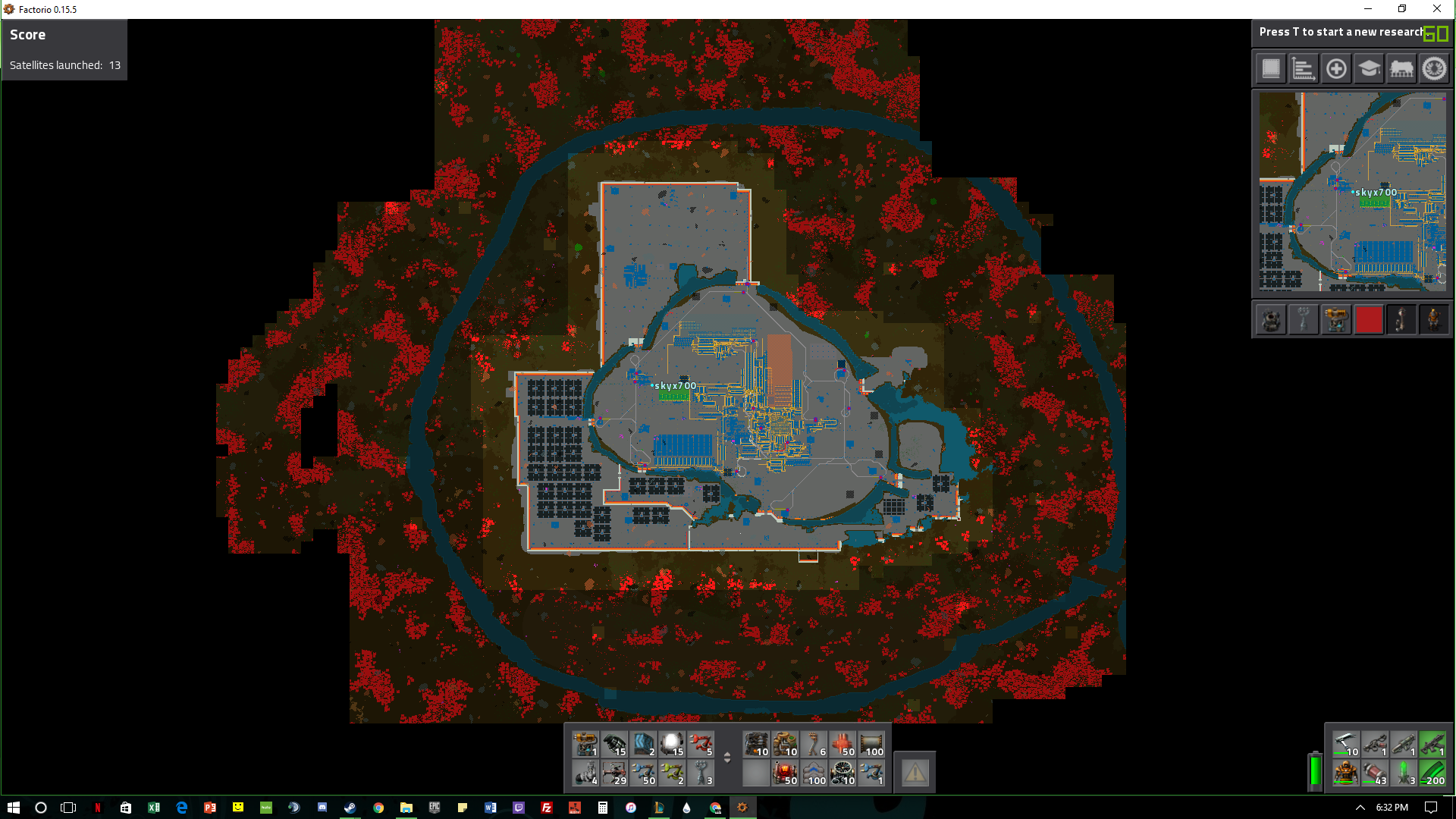 Map overview of my current factory. 80+ hours, obviously a custom made map but my goal is to make production lines for everything.