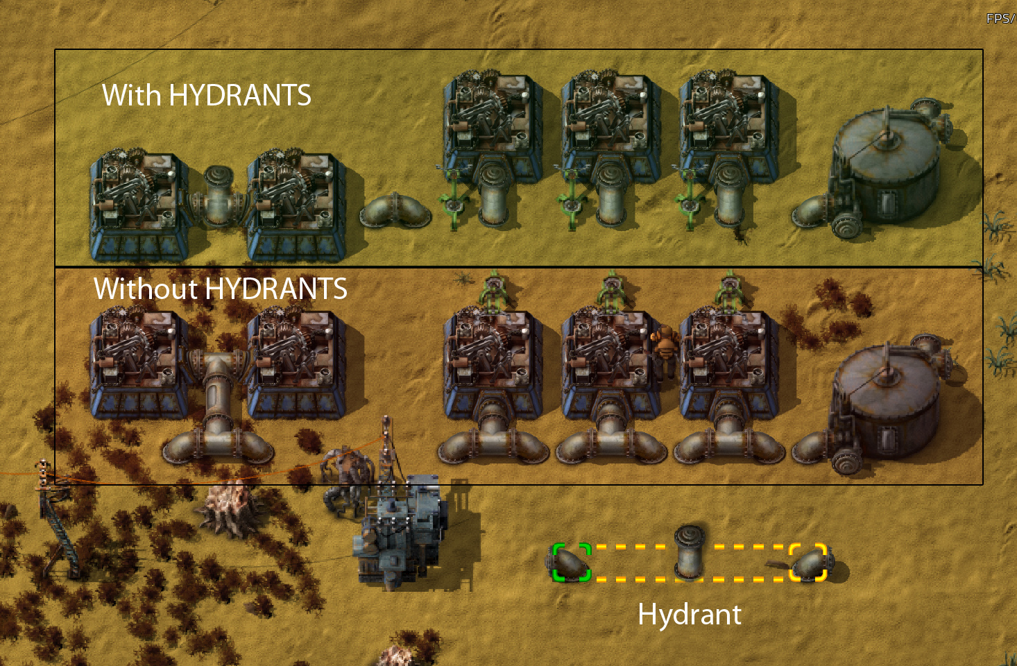 Upper part - facility using hydrants, lower - only vanilla piping. Note the place saved - even more free space with refineries and chemical plants. [correction - upper image should have additional UP output on the left to create underground section...]