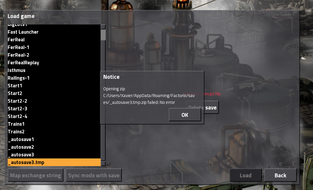 Screenshot of the attempted load.