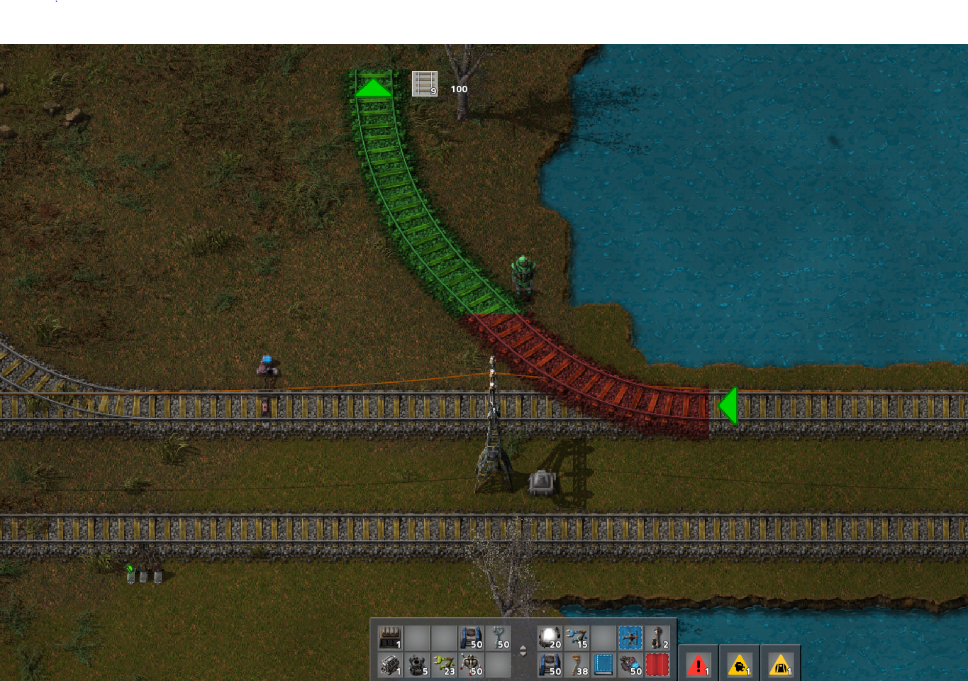 Similar to Picture 1, curved track which cannot be placed over landfill near a border with a body of water, issue persisted over 9 hours of play.