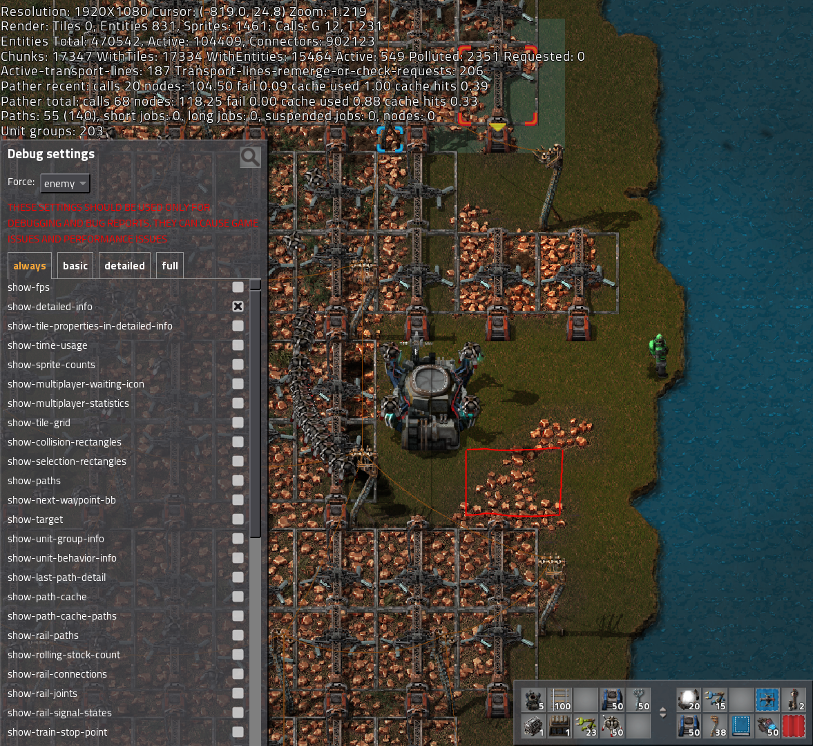 Within the area bounded by the red square I was unable to lay down either an electric mining drill or a roboport. There are landfill elements which border that ore patch to the west, north and east.