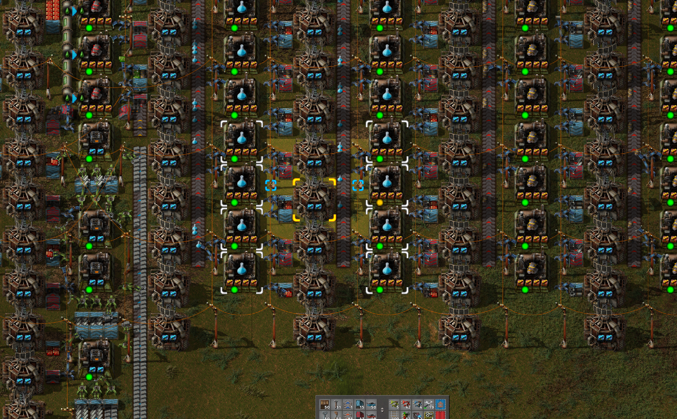 5 blue belts feeding electric furnace production.  (With room to run 2 more blue belts up the sides and under the inserters if needed).  Also note the engine and blue science builds using belt weaving.