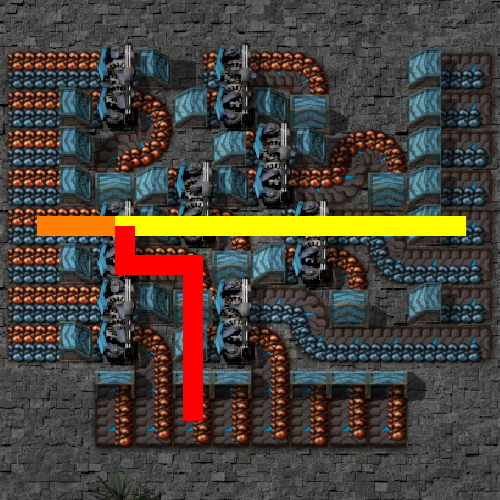 8 Lanes from right, 8 lanes from bottom, one from each merged and output left.  With example overlay.