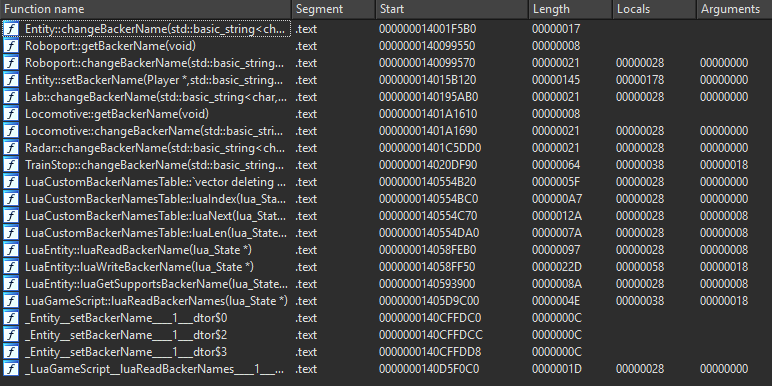 Backer name retrieval/setter methods from the Factorio disassembly