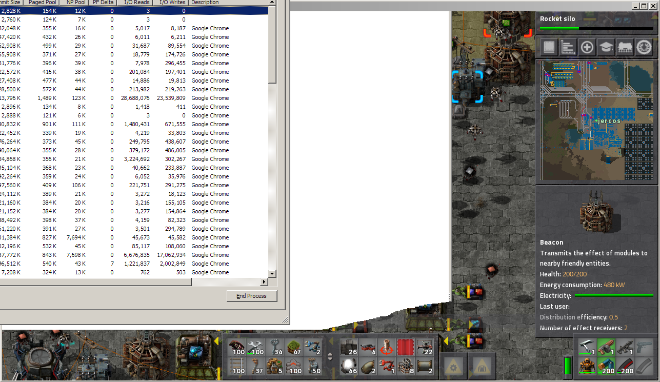 Screenshot of smearing task manager over the stalling Factorio instance.