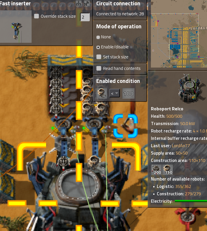 Screenshot of inserters, roboport and mouseover data