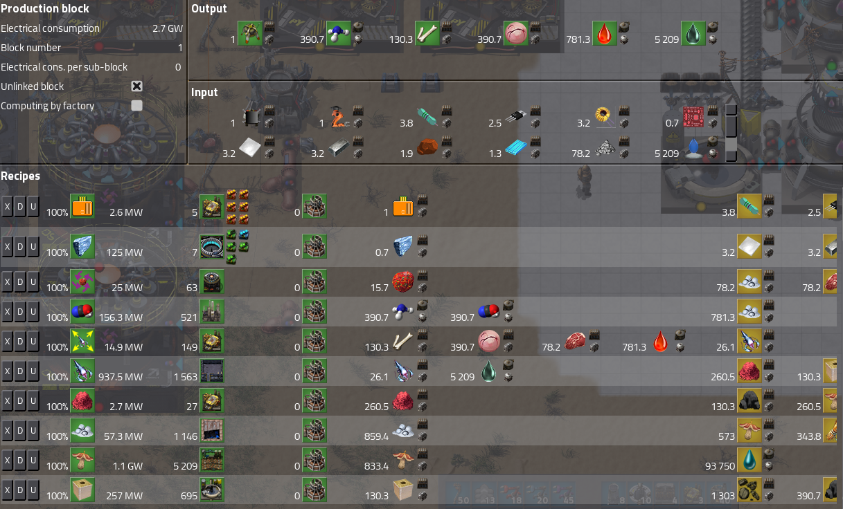 Helmod list of requirements for logistic bot production, notice how the ParamagneticMaterial&lt;--Myoglobin&lt;--Meat/CyanicAcid-chain creates a gigantic bottleneck.