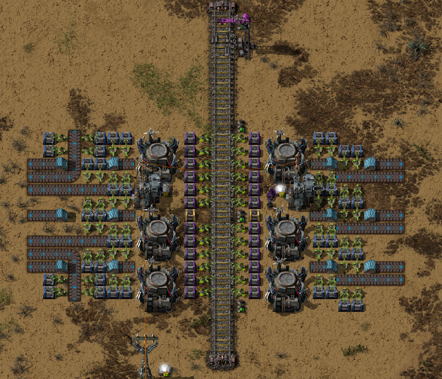 Left side is 7 belts per wagon (untested design). Right side is 6 belts per wagon (tested with 100 stack items). NOTE: Should be mirrored before actual use (6+6 or 7+7).