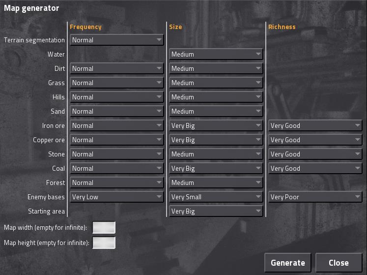 Settings for a new game