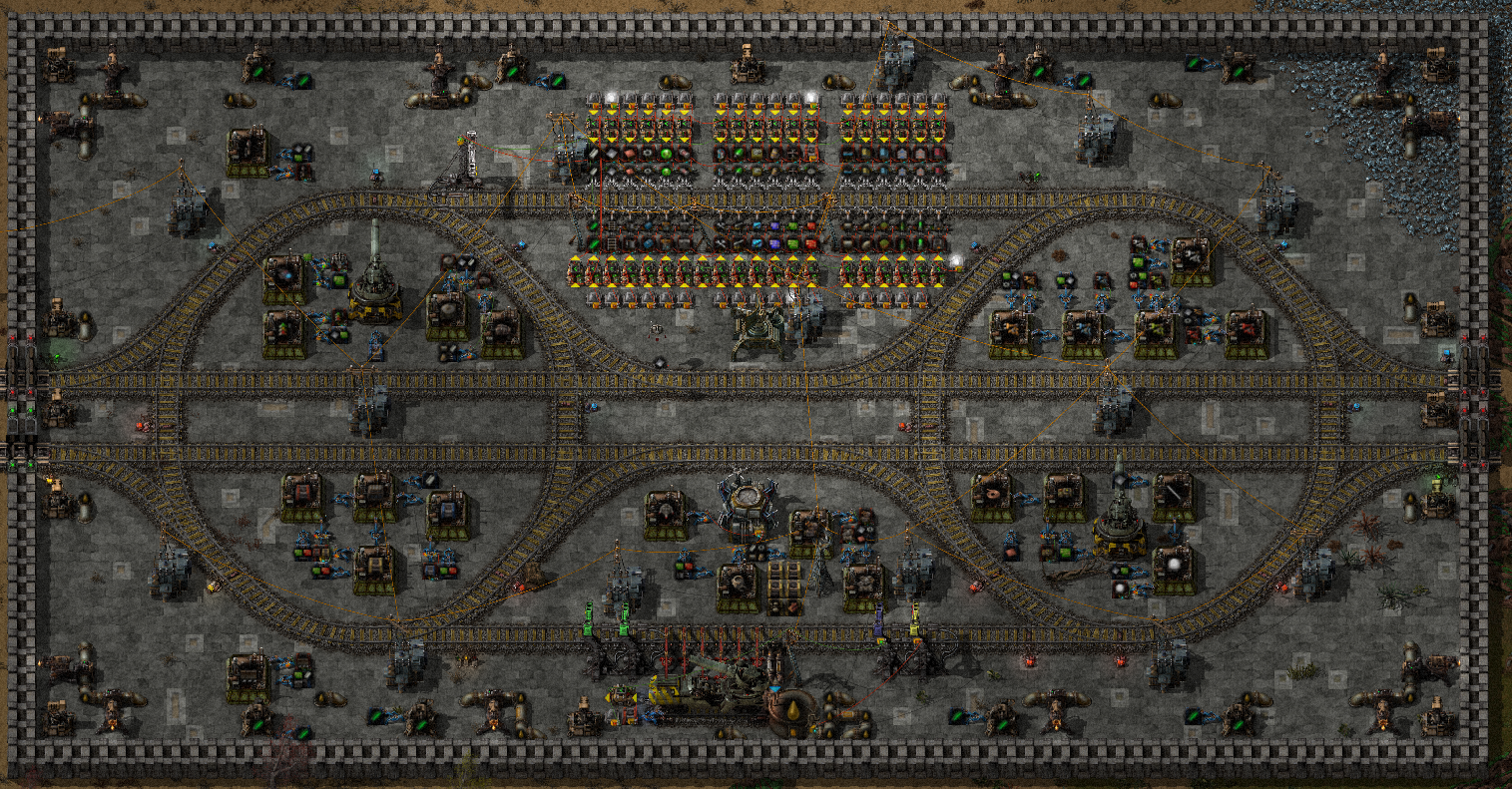 The finished Supply Depot in all its glory. A couple of construction bots are flying around placing the last few squares of Refined Cement.