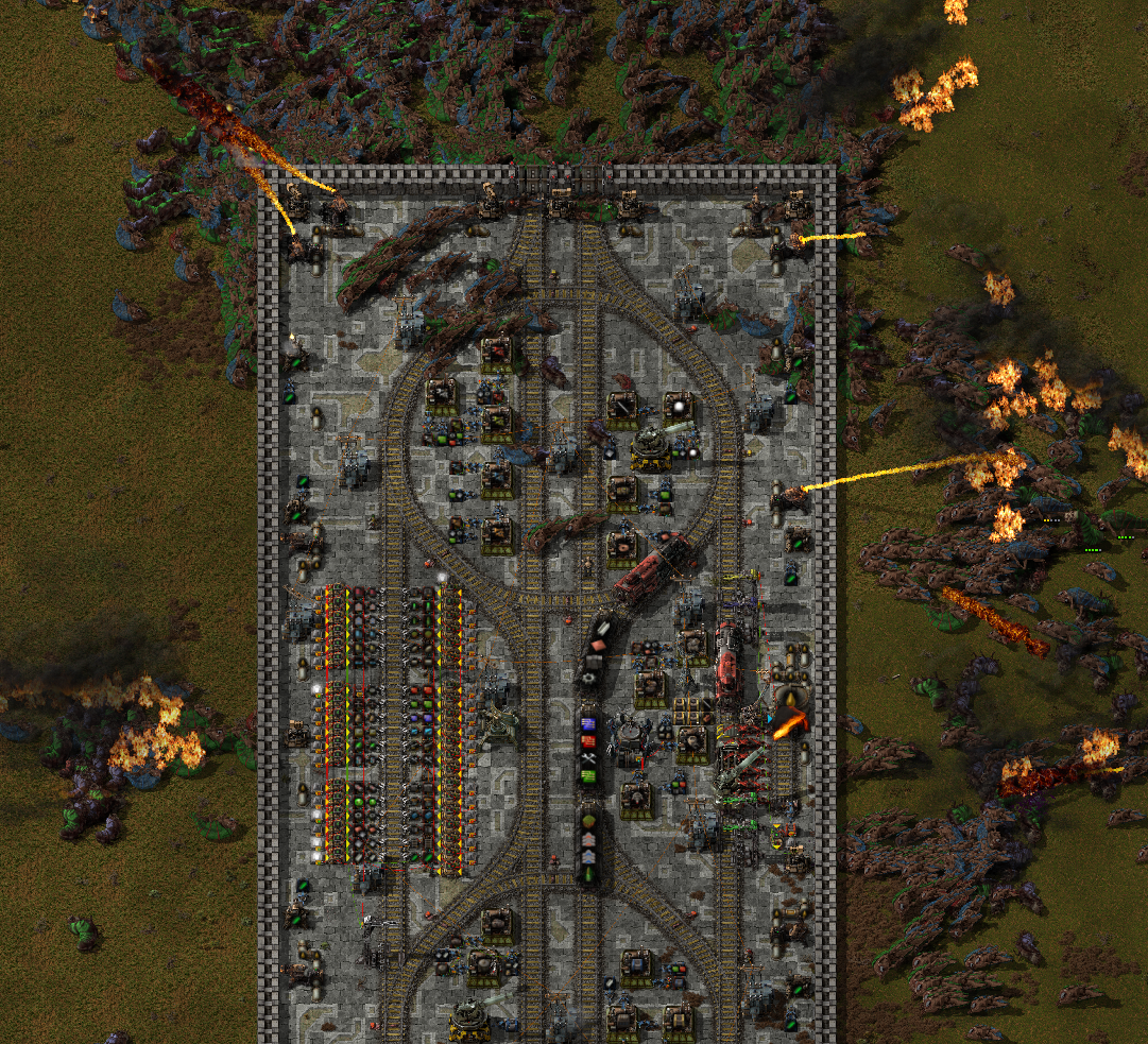 Once the base is complete, it pulls the Ammo car to it, and wipes out any nearby biter nests, burning any indignant survivors into a hellish oblivion.